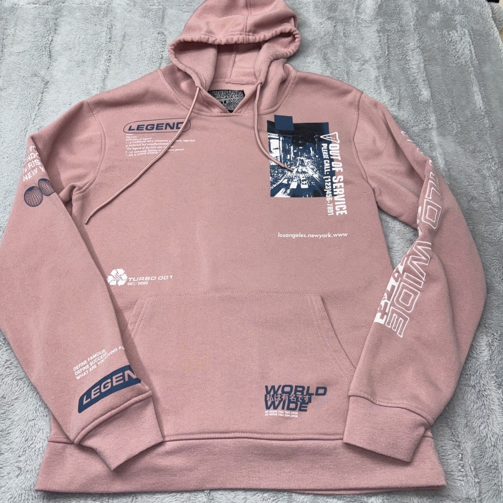 Brooklyn Cloth dusty rose pink graphic hoodie with a tech-inspired "Legend"  Med